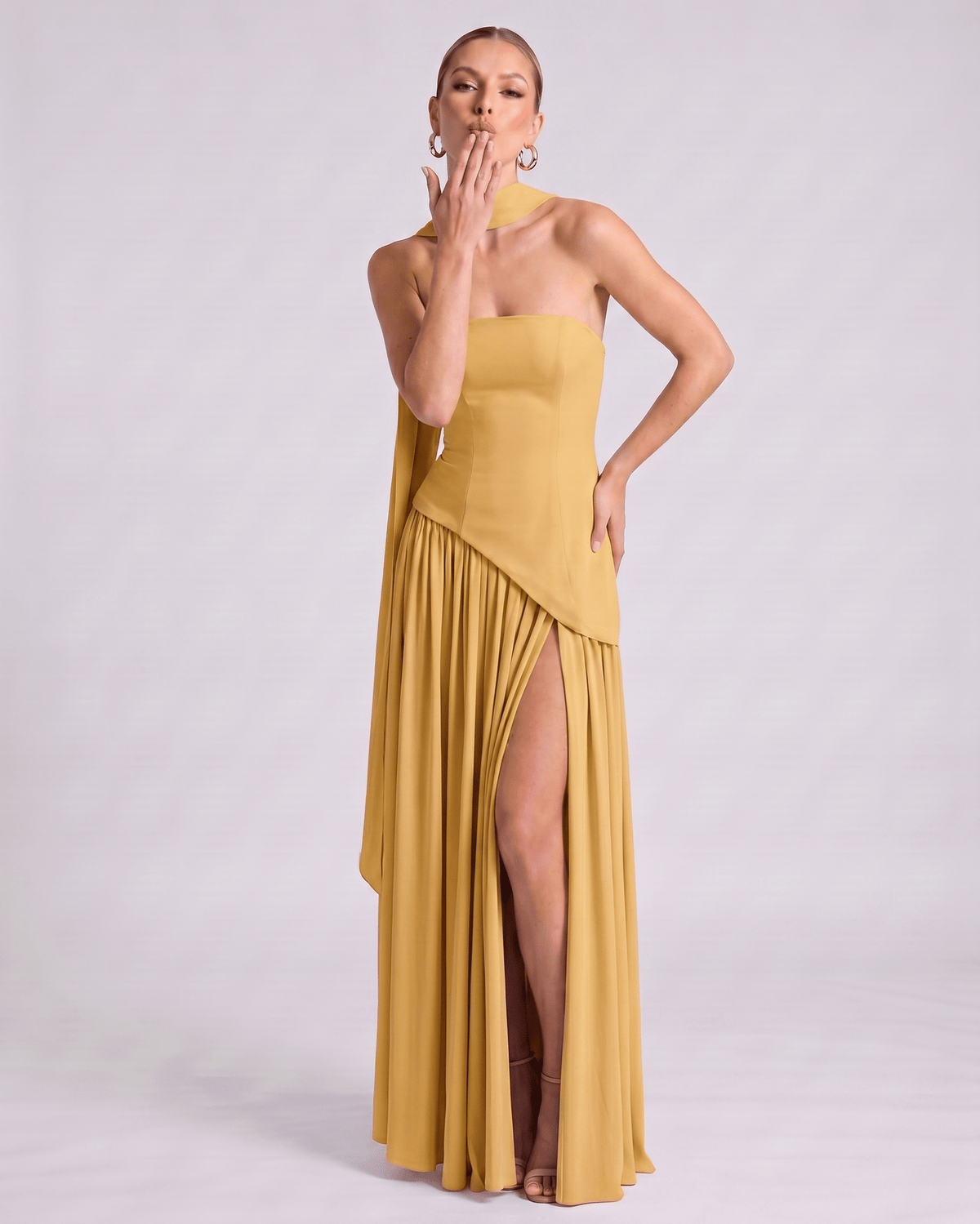 Aureline Maxi Dress by Lauven — chiffon strapless halter pleated maxi dress with slit