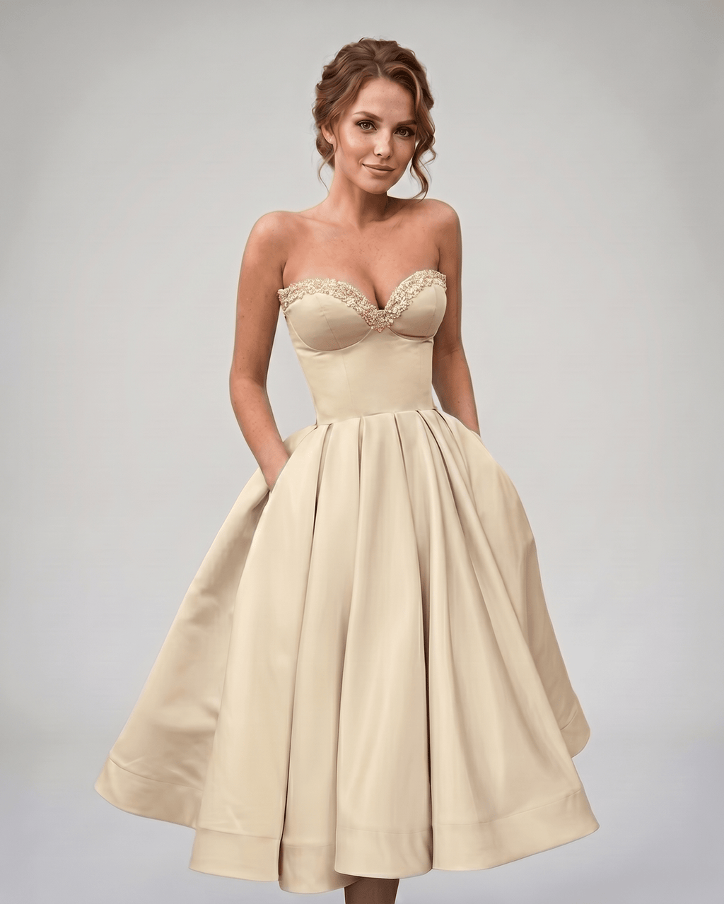 Veloura Midi Dress by Lauven — satin strapless sweetheart A-line midi dress
