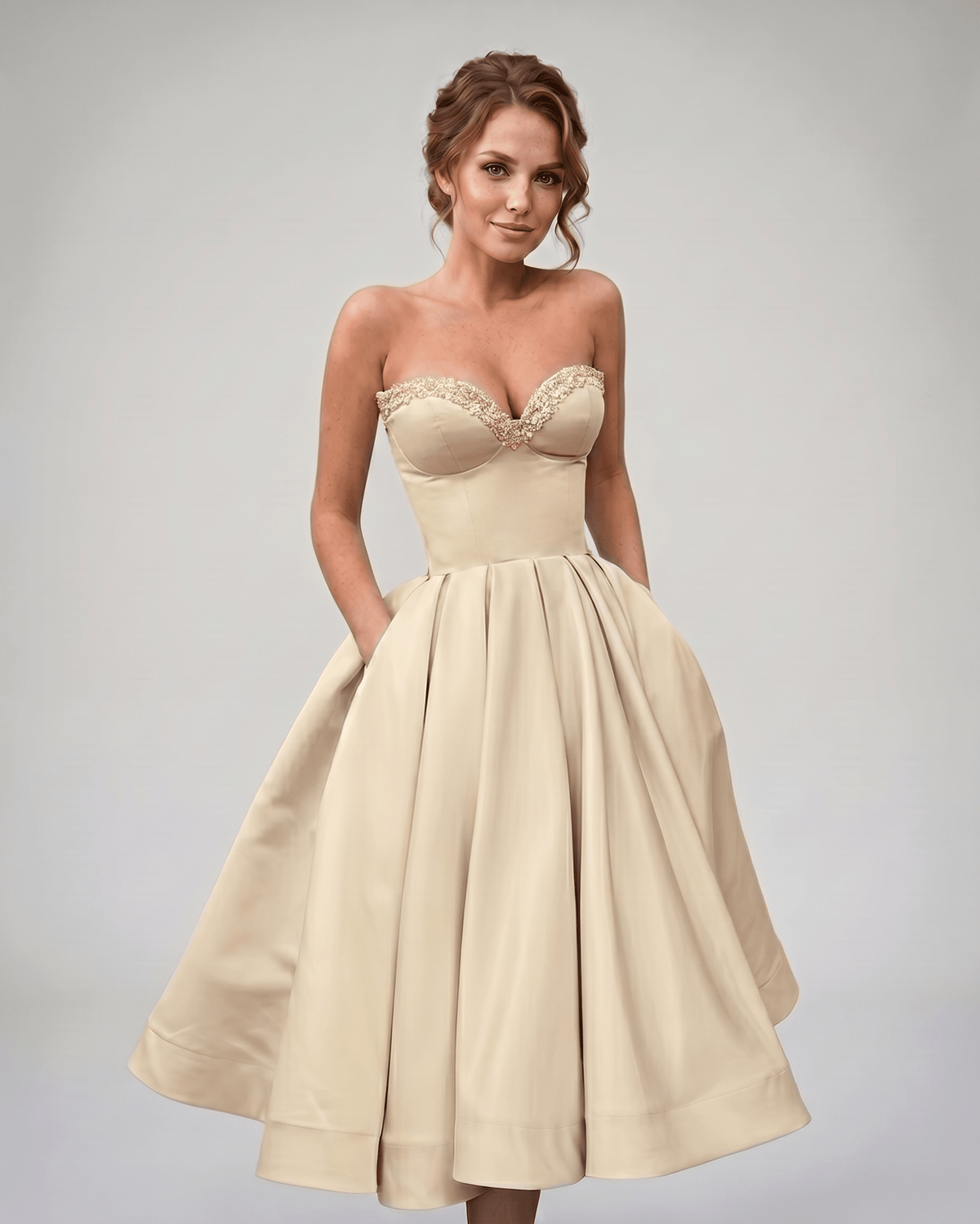 Veloura Midi Dress by Lauven — satin strapless sweetheart A-line midi dress