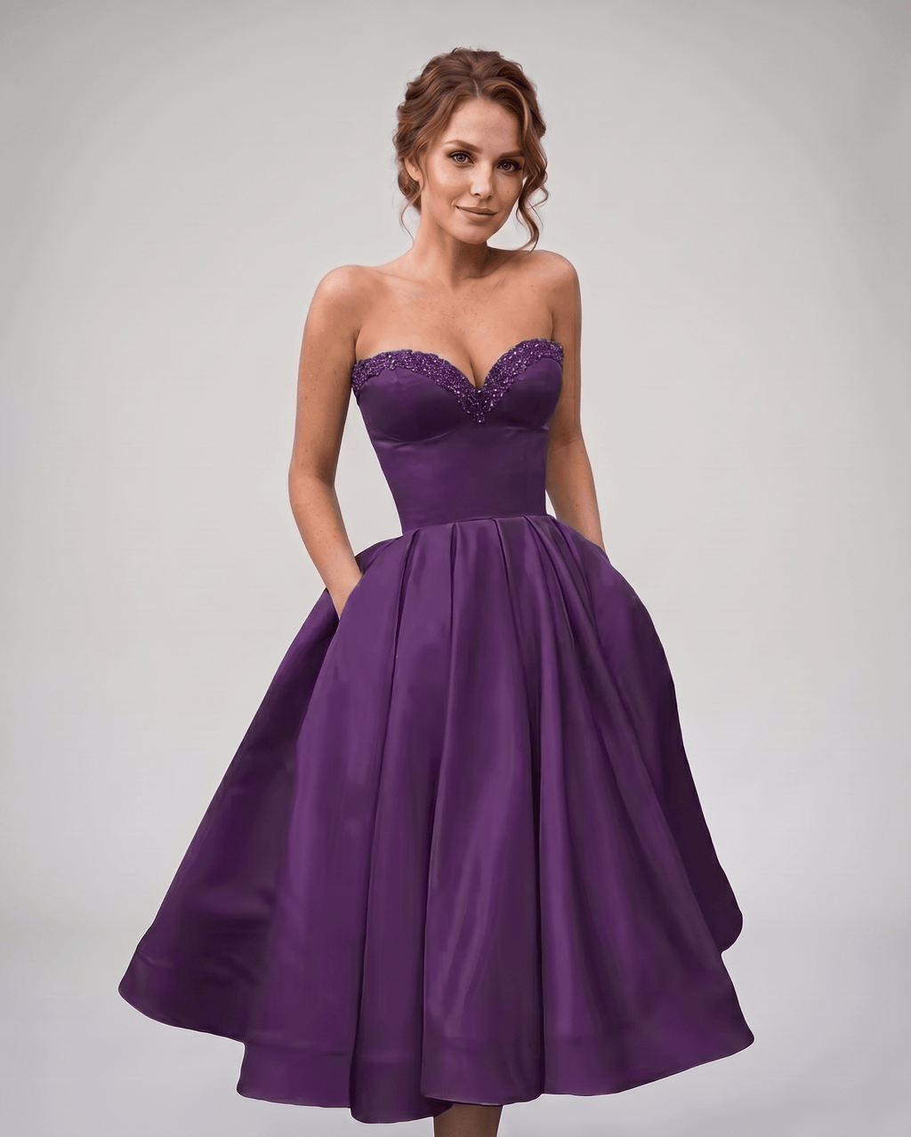 Veloura Midi Dress by Lauven — satin strapless sweetheart A-line midi dress