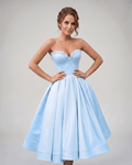 Veloura Midi Dress by Lauven — light blue satin strapless sweetheart A-line midi dress