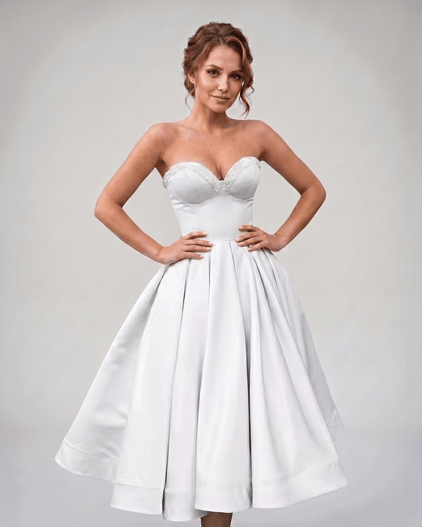 Veloura Midi Dress by Lauven — white satin strapless sweetheart A-line midi dress