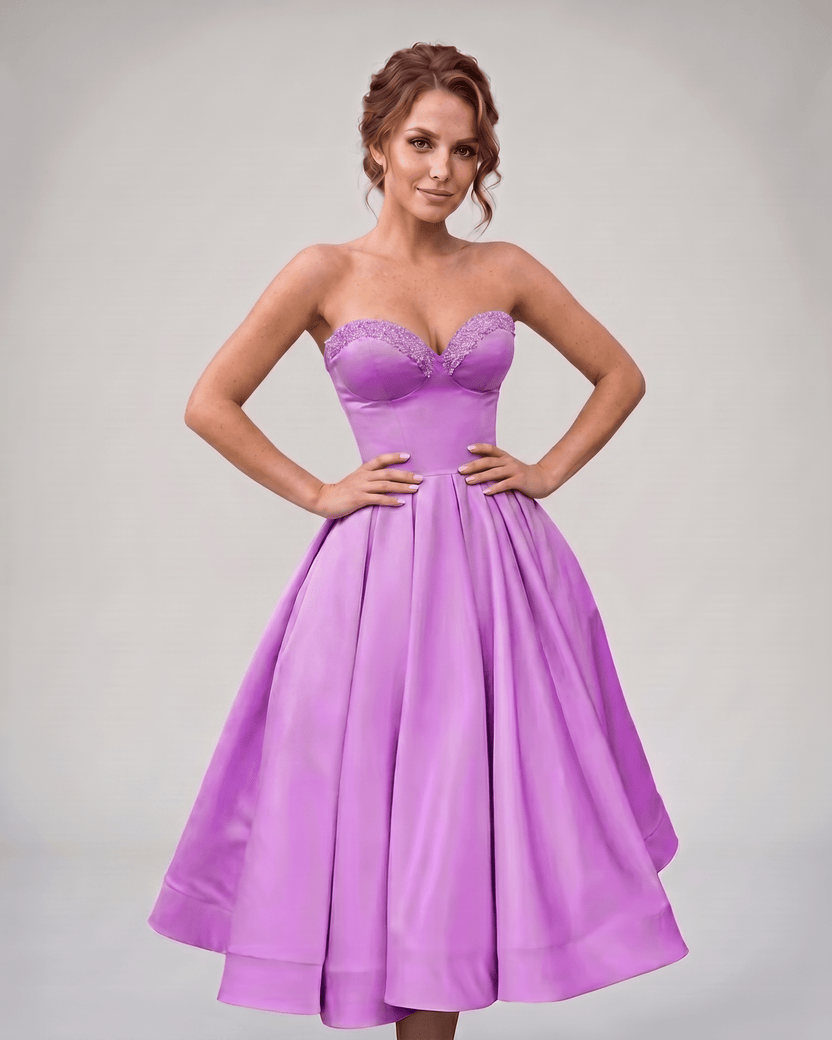 Veloura Midi Dress by Lauven — lilac satin strapless sweetheart A-line midi dress