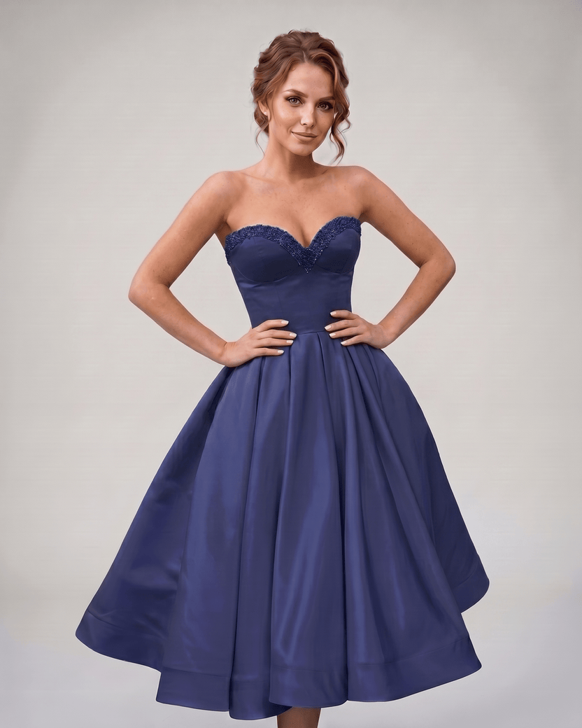 Veloura Midi Dress by Lauven — navy satin strapless sweetheart A-line midi dress