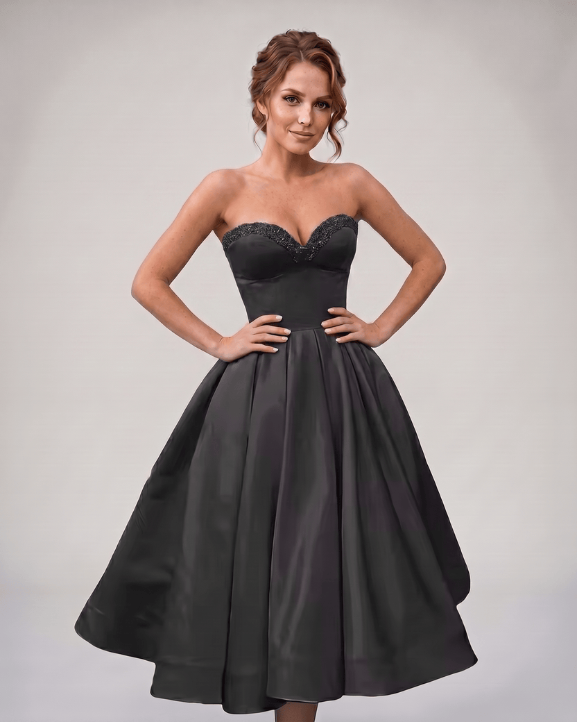 Veloura Midi Dress by Lauven — black satin strapless sweetheart A-line midi dress