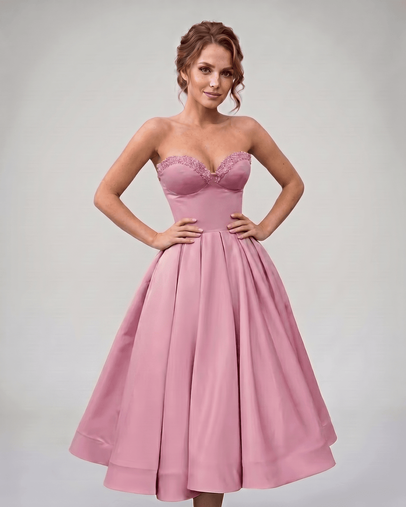 Veloura Midi Dress by Lauven — pink satin strapless sweetheart A-line midi dress
