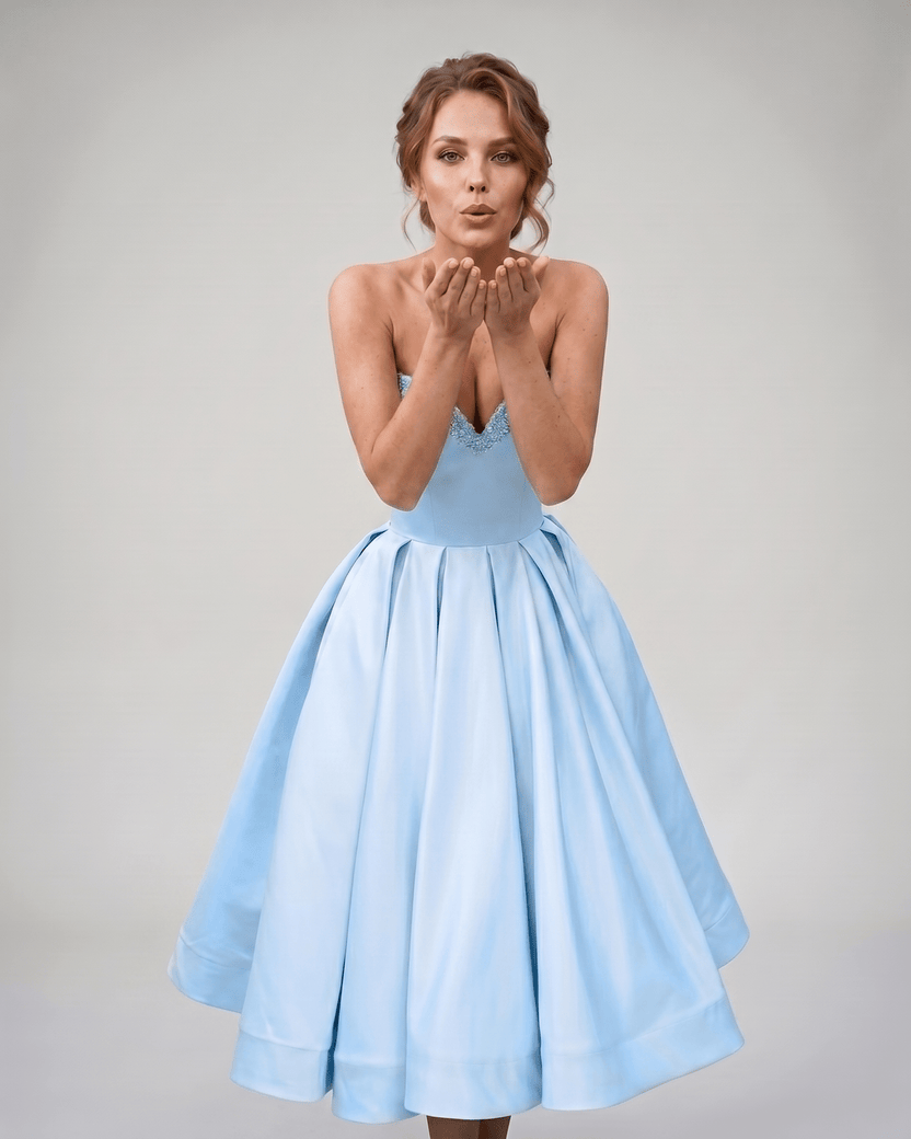 Veloura Midi Dress by Lauven — satin strapless sweetheart A-line midi dress