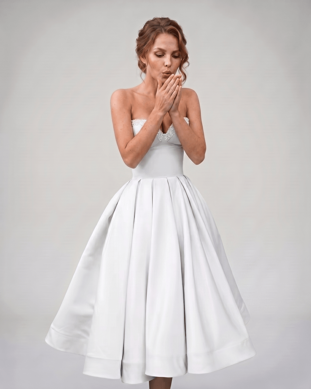Veloura Midi Dress by Lauven — satin strapless sweetheart A-line midi dress