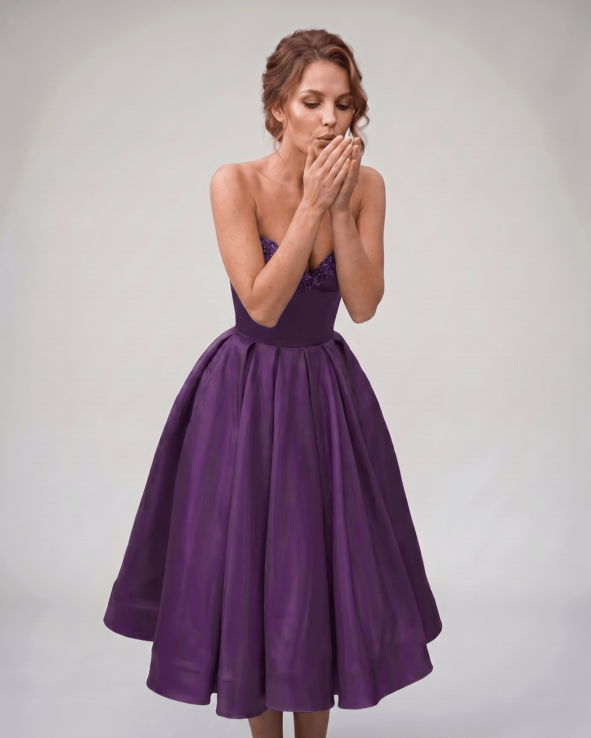 Veloura Midi Dress by Lauven — satin strapless sweetheart A-line midi dress