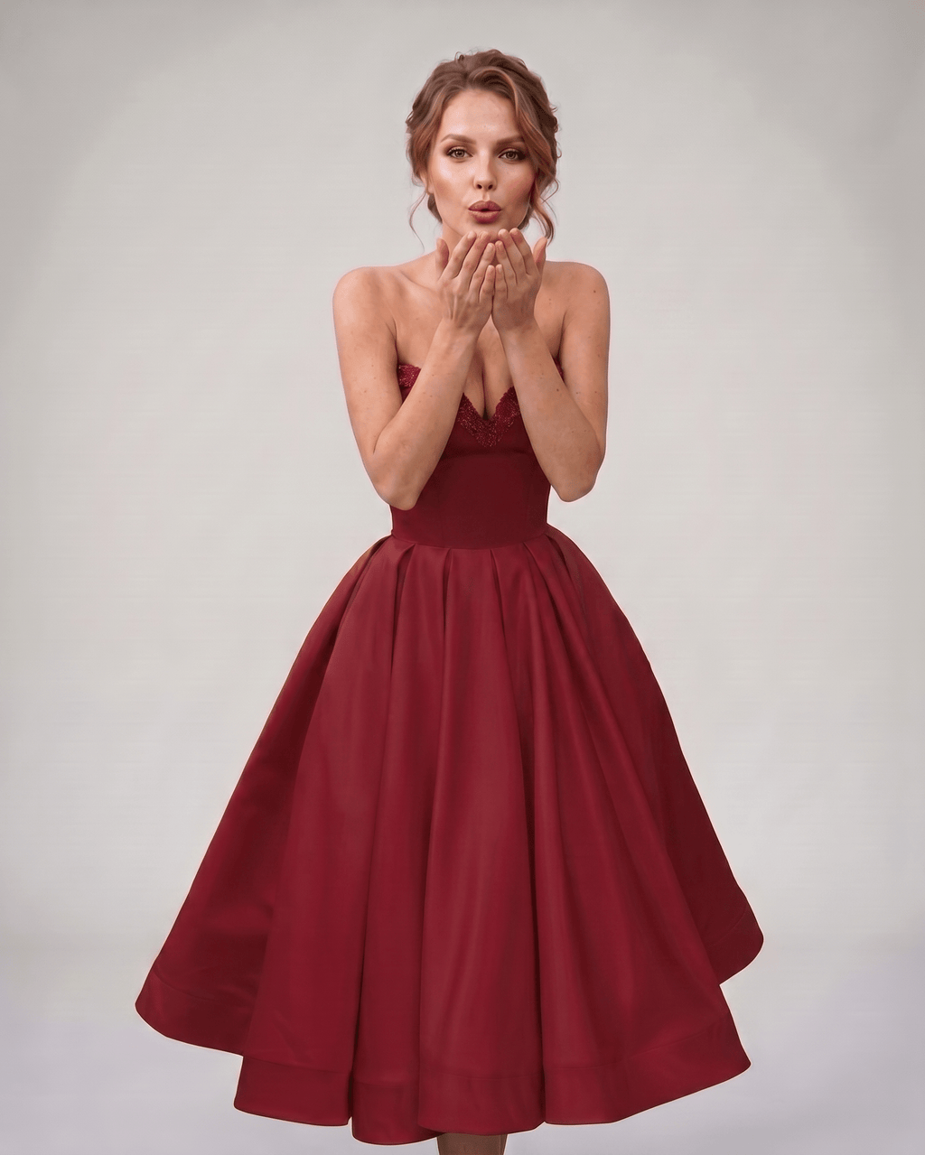 Veloura Midi Dress by Lauven — satin strapless sweetheart A-line midi dress