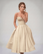 Veloura Midi Dress by Lauven — satin strapless sweetheart A-line midi dress