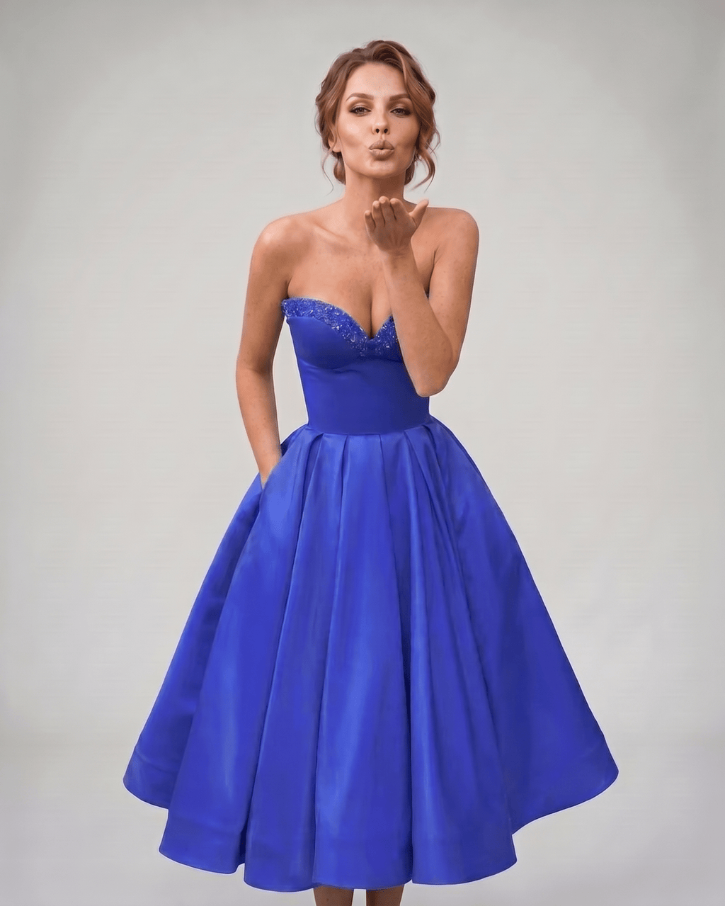 Veloura Midi Dress by Lauven — satin strapless sweetheart A-line midi dress