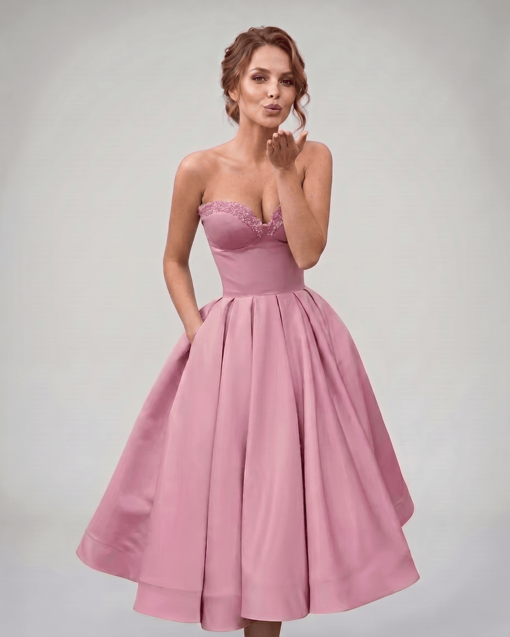 Veloura Midi Dress by Lauven — satin strapless sweetheart A-line midi dress