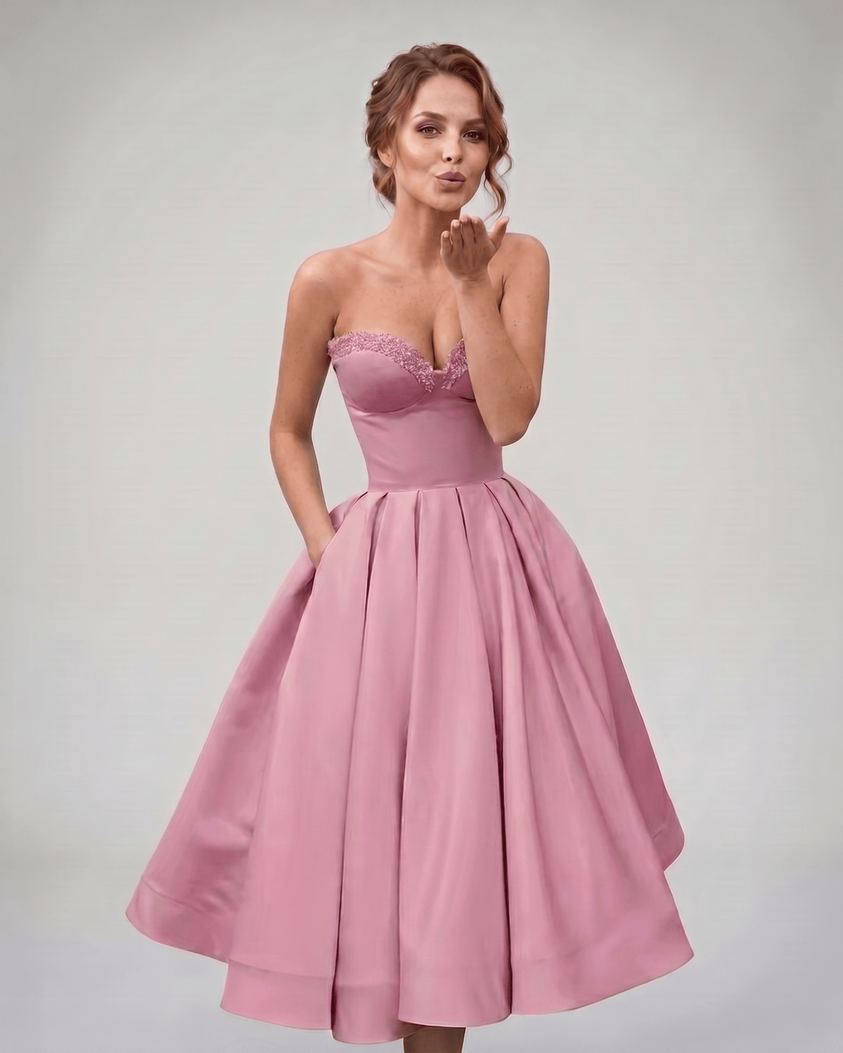 Veloura Midi Dress by Lauven — satin strapless sweetheart A-line midi dress