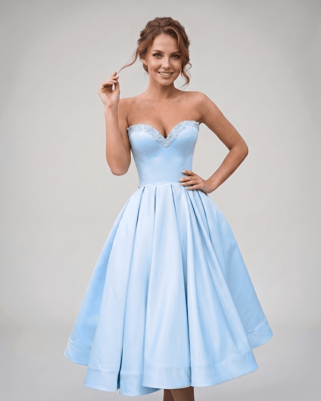 Veloura Midi Dress by Lauven — satin strapless sweetheart A-line midi dress