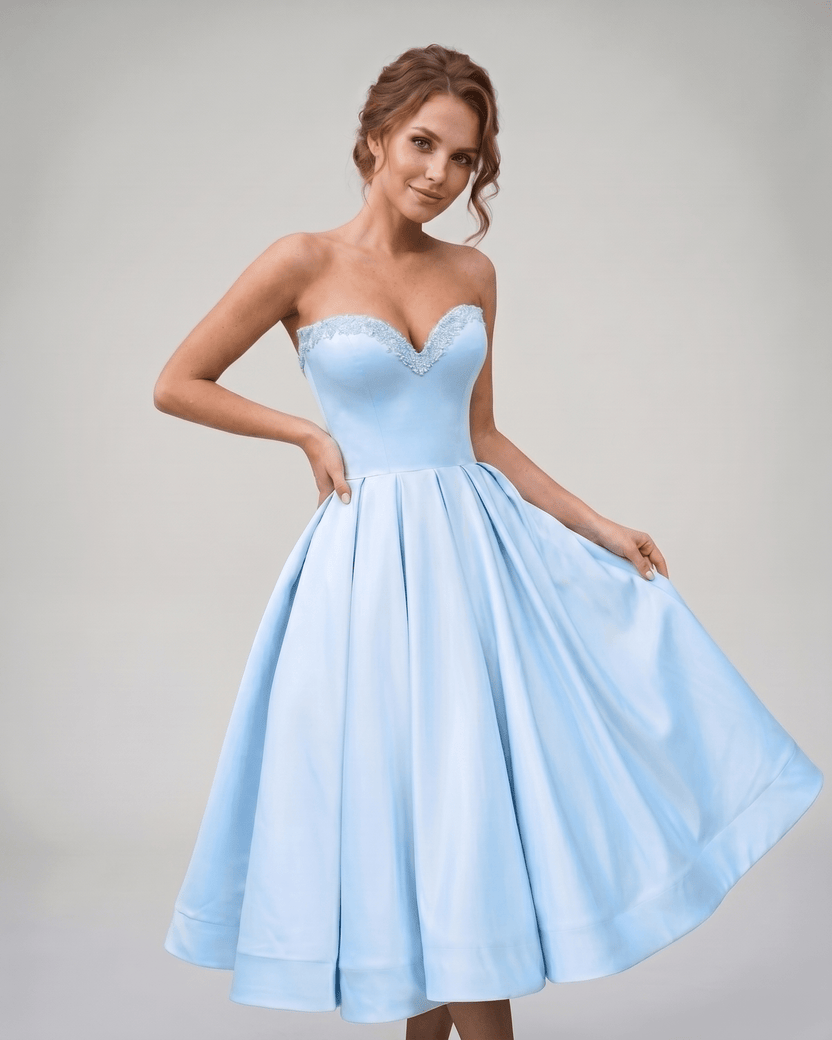 Veloura Midi Dress by Lauven — satin strapless sweetheart A-line midi dress