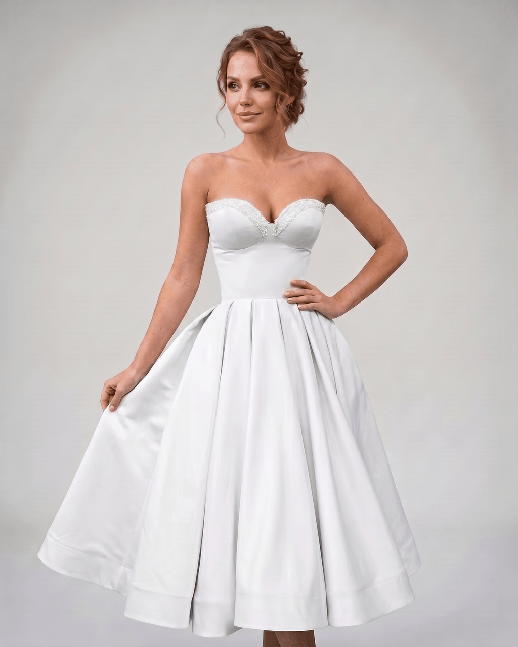 Veloura Midi Dress by Lauven — satin strapless sweetheart A-line midi dress