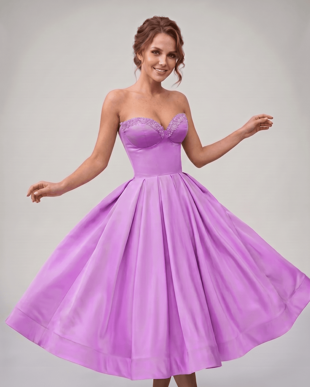 Veloura Midi Dress by Lauven — satin strapless sweetheart A-line midi dress