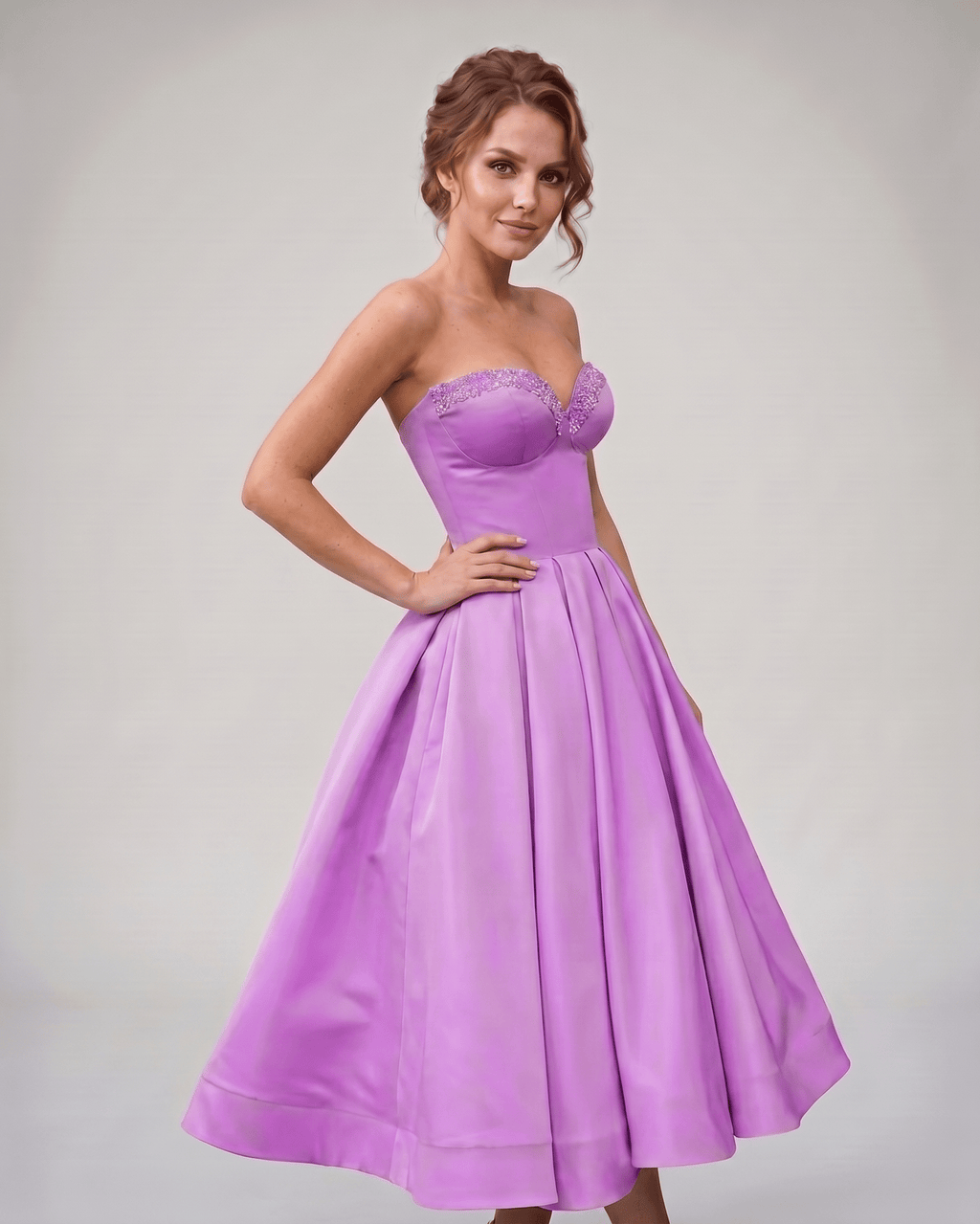 Veloura Midi Dress by Lauven — satin strapless sweetheart A-line midi dress