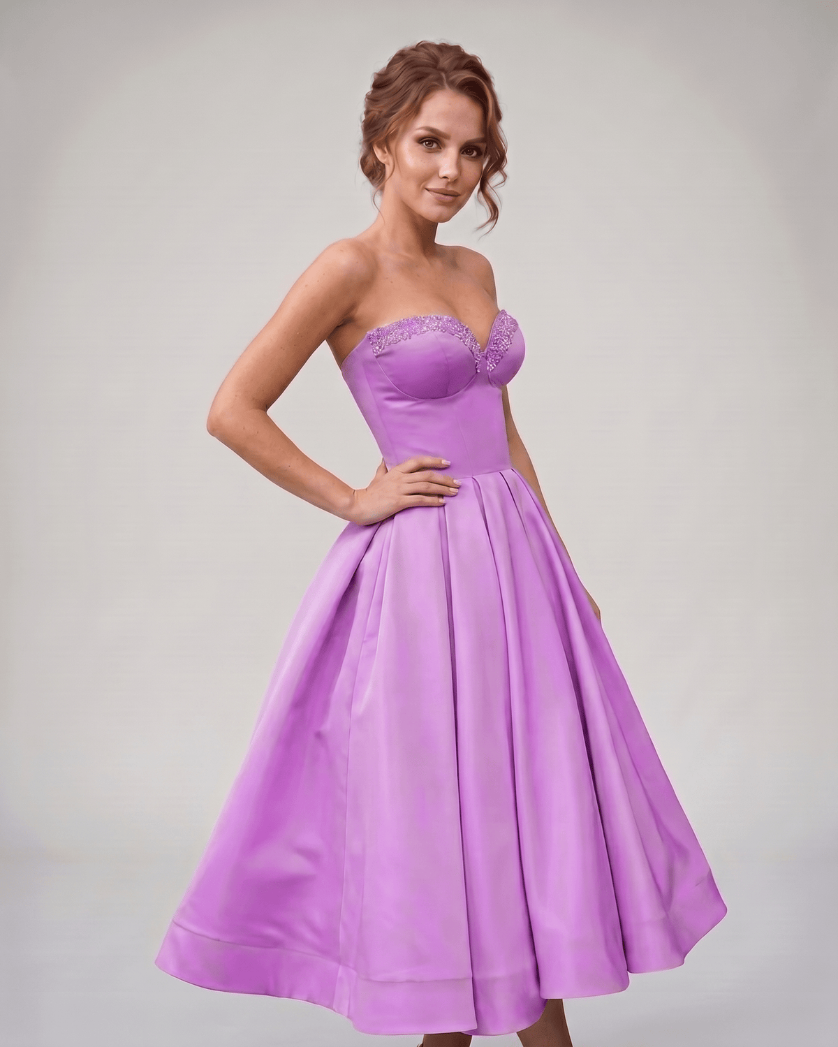 Veloura Midi Dress by Lauven — satin strapless sweetheart A-line midi dress