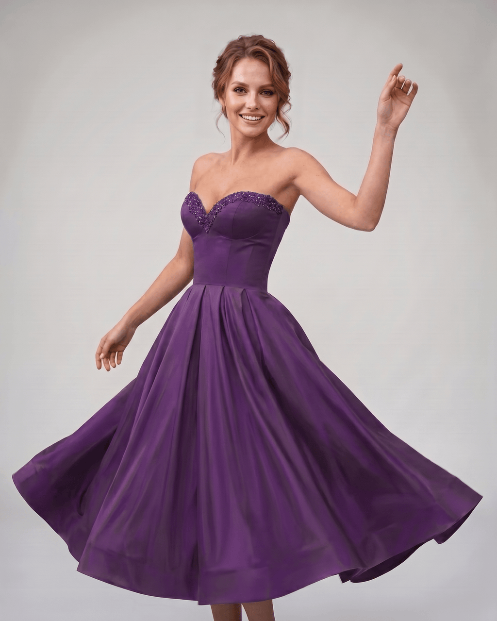 Veloura Midi Dress by Lauven — satin strapless sweetheart A-line midi dress