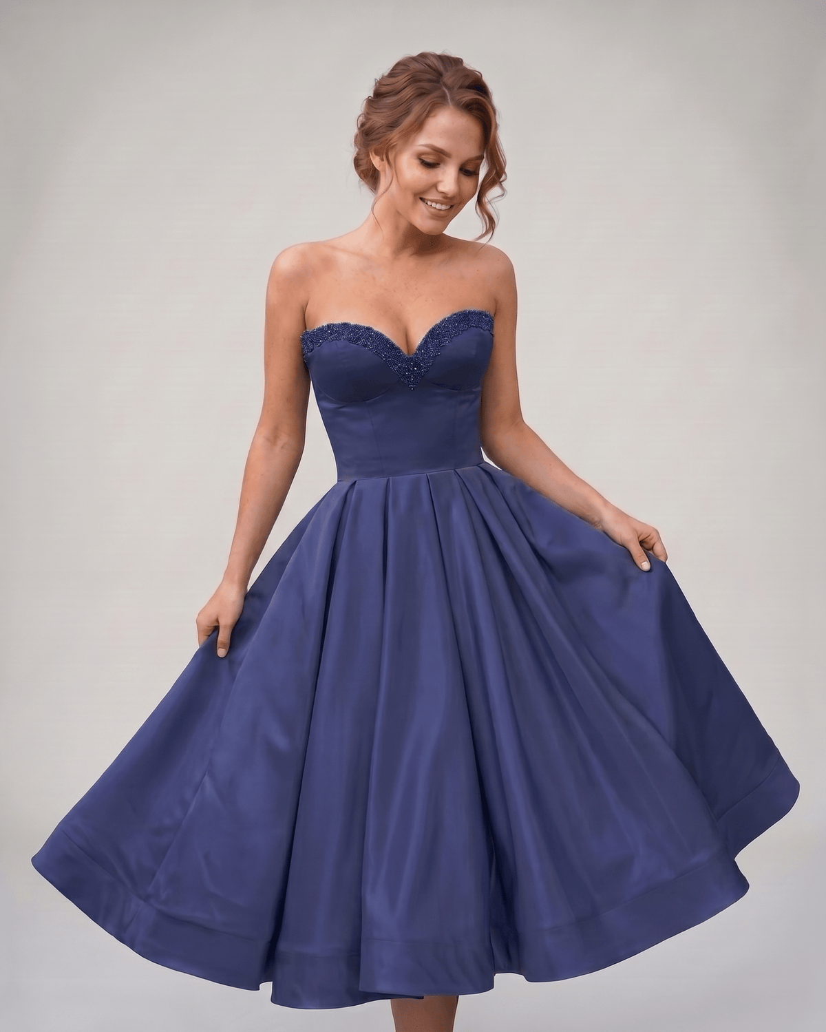 Veloura Midi Dress by Lauven — satin strapless sweetheart A-line midi dress