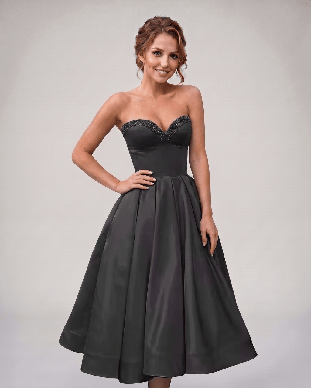 Veloura Midi Dress by Lauven — satin strapless sweetheart A-line midi dress