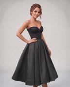 Veloura Midi Dress by Lauven — satin strapless sweetheart A-line midi dress