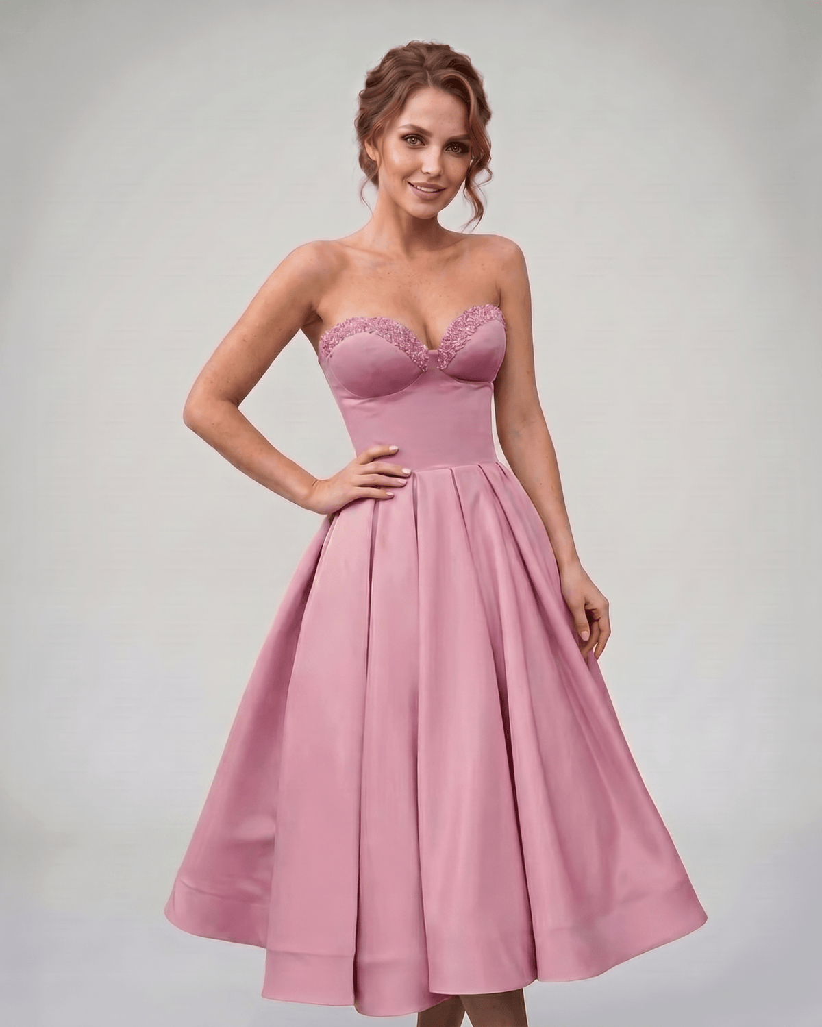 Veloura Midi Dress by Lauven — satin strapless sweetheart A-line midi dress