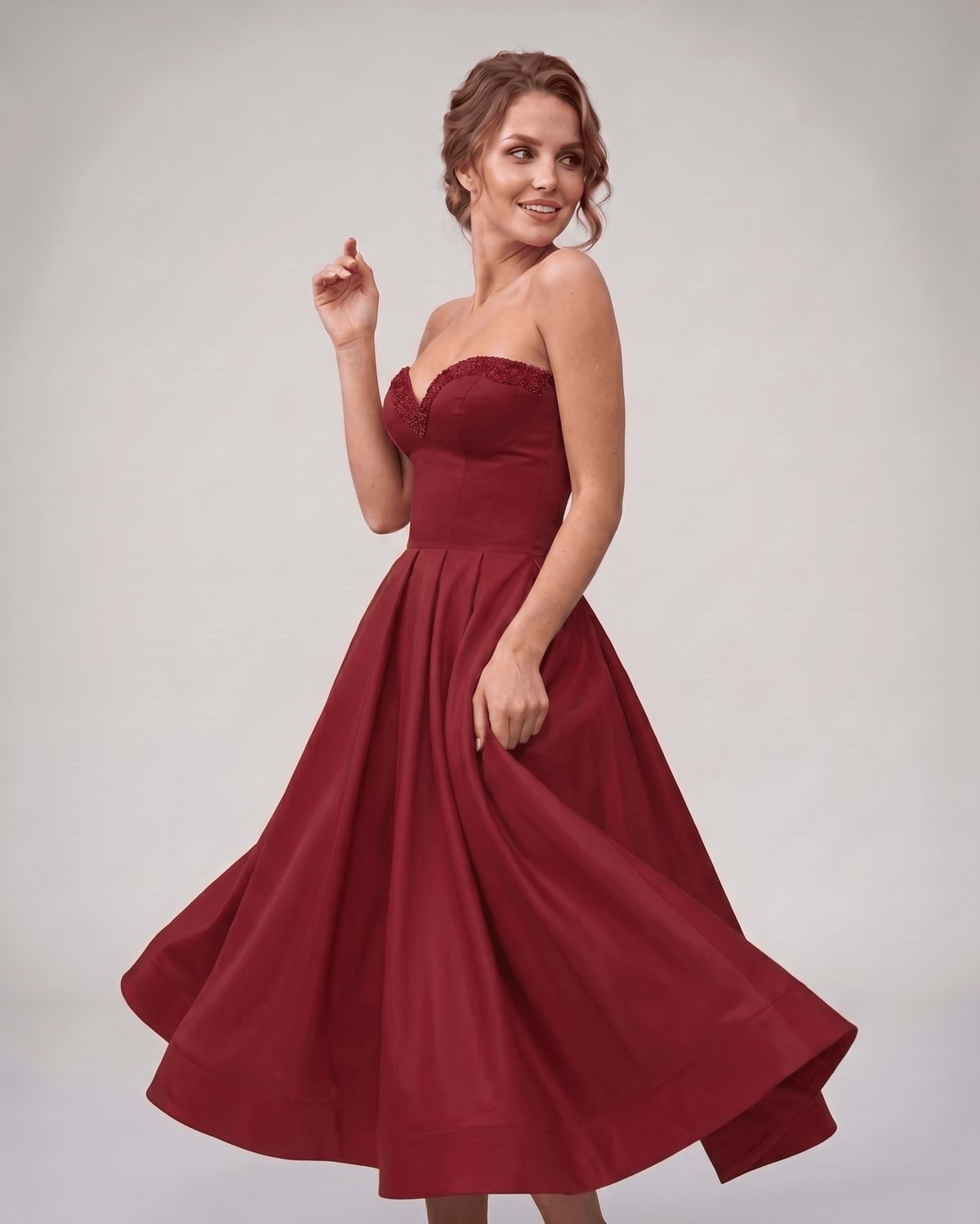 Veloura Midi Dress by Lauven — satin strapless sweetheart A-line midi dress