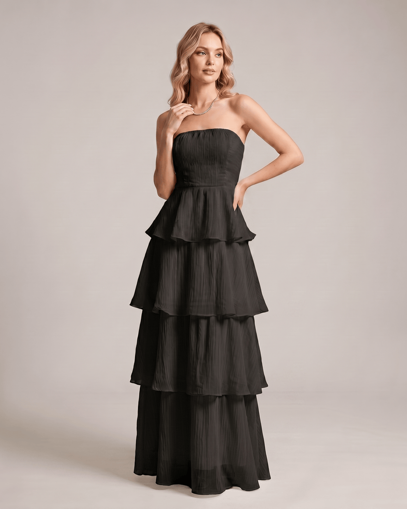 Serelune Maxi Dress by Lauven — black chiffon strapless tiered A-line maxi dress