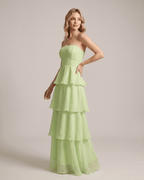Serelune Maxi Dress by Lauven — chiffon strapless tiered A-line maxi dress