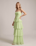 Serelune Maxi Dress by Lauven — chiffon strapless tiered A-line maxi dress
