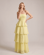 Serelune Maxi Dress by Lauven — chiffon strapless tiered A-line maxi dress