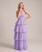 Serelune Maxi Dress by Lauven — chiffon strapless tiered A-line maxi dress