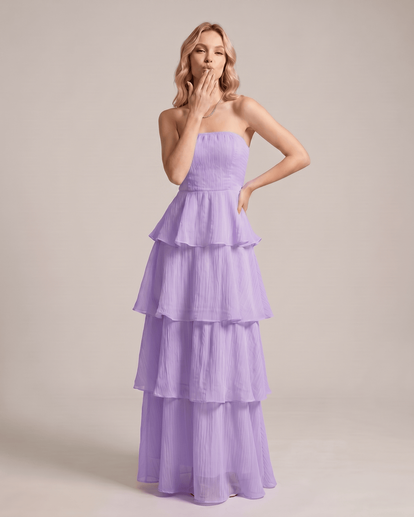 Serelune Maxi Dress by Lauven — chiffon strapless tiered A-line maxi dress