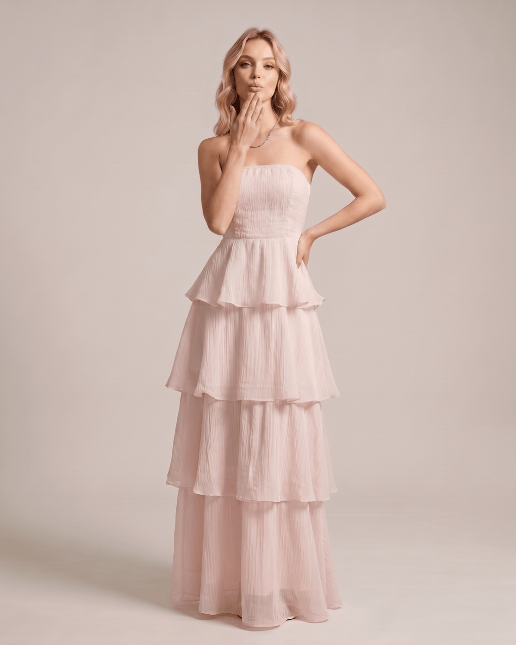 Serelune Maxi Dress by Lauven — chiffon strapless tiered A-line maxi dress