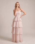 Serelune Maxi Dress by Lauven — chiffon strapless tiered A-line maxi dress