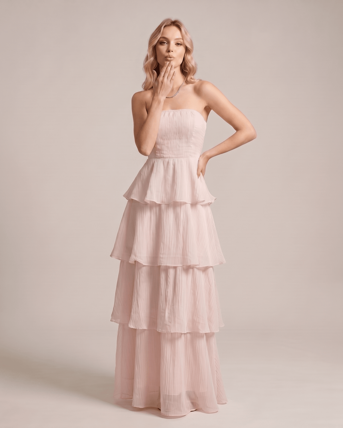 Serelune Maxi Dress by Lauven — chiffon strapless tiered A-line maxi dress