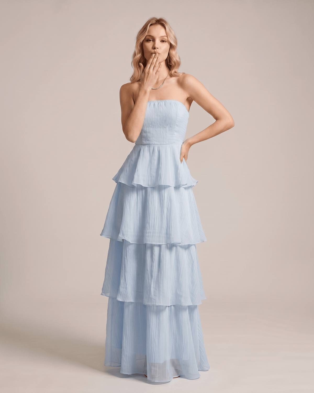 Serelune Maxi Dress by Lauven — chiffon strapless tiered A-line maxi dress