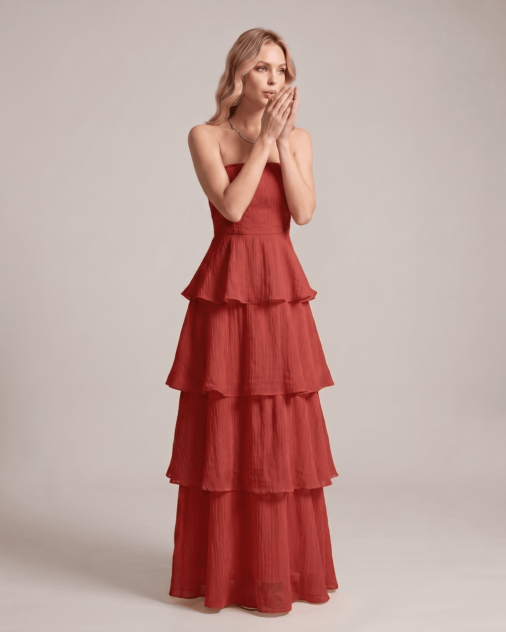 Serelune Maxi Dress by Lauven — chiffon strapless tiered A-line maxi dress
