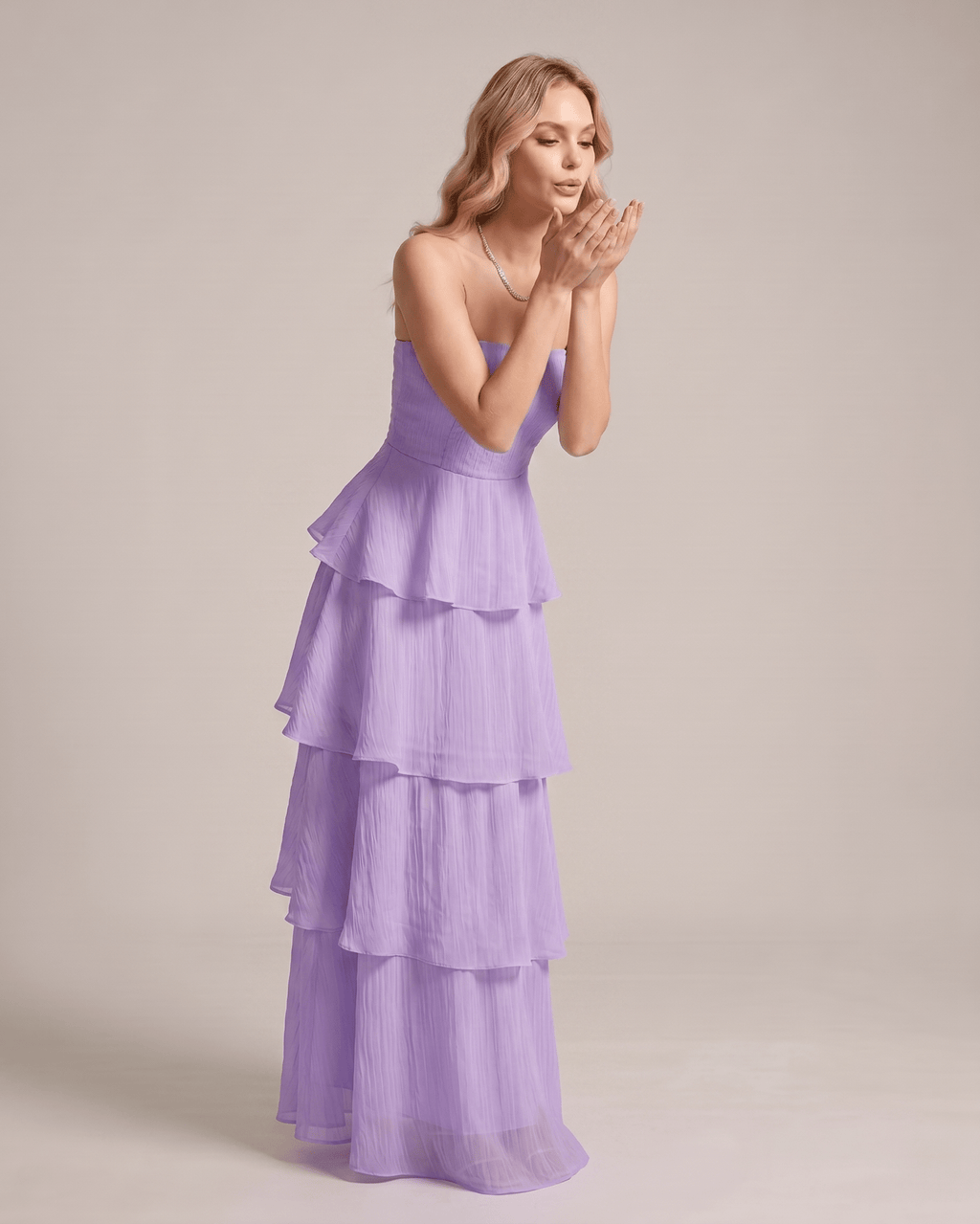 Serelune Maxi Dress by Lauven — chiffon strapless tiered A-line maxi dress