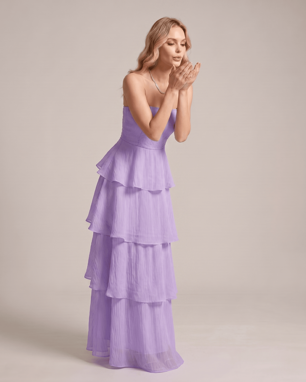 Serelune Maxi Dress by Lauven — chiffon strapless tiered A-line maxi dress