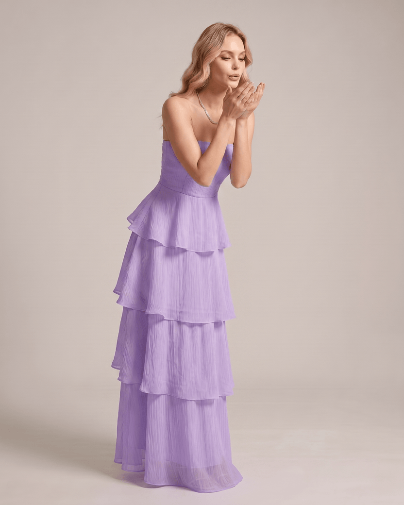 Serelune Maxi Dress by Lauven — chiffon strapless tiered A-line maxi dress