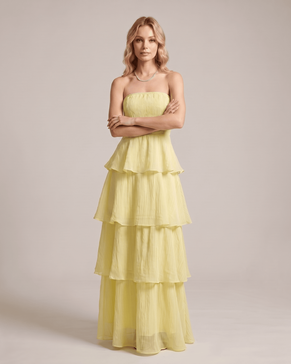 Serelune Maxi Dress by Lauven — chiffon strapless tiered A-line maxi dress