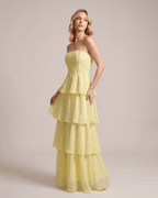 Serelune Maxi Dress by Lauven — chiffon strapless tiered A-line maxi dress