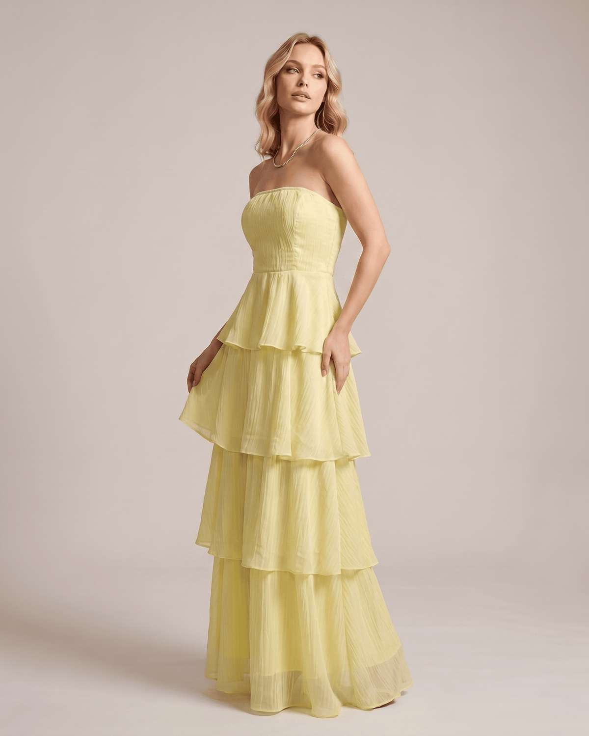 Serelune Maxi Dress by Lauven — chiffon strapless tiered A-line maxi dress
