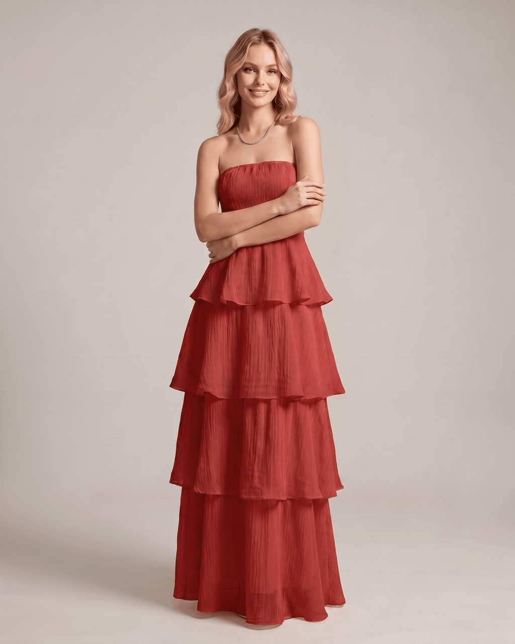 Serelune Maxi Dress by Lauven — chiffon strapless tiered A-line maxi dress