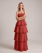 Serelune Maxi Dress by Lauven — chiffon strapless tiered A-line maxi dress