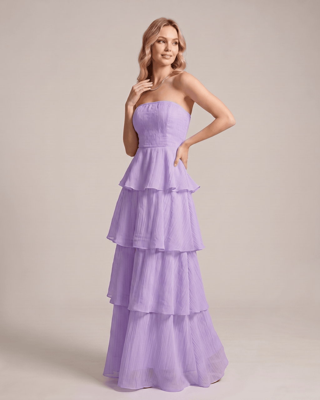 Serelune Maxi Dress by Lauven — chiffon strapless tiered A-line maxi dress